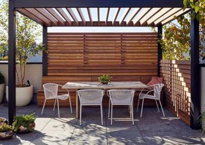 Aluminium Pergola with Wooden Seating Area